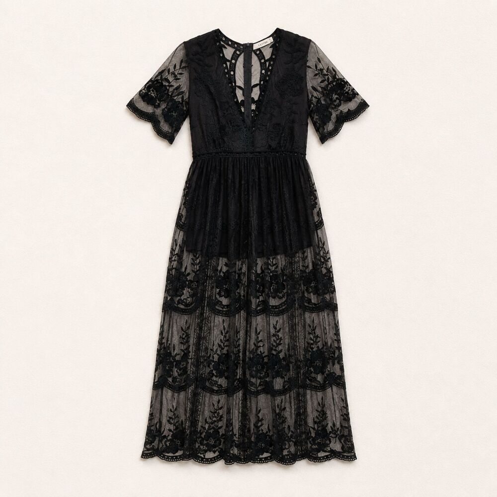 Eleter Black Lace Maxi Romper Dress Deep V Sheer Embroidered Whimsigoth Boho